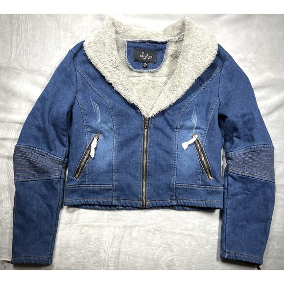 NEW Coalition LA Sz XL Faux Fur Collar and Lining Cropped Denim Jean Jacket NWT - Picture 4 of 16